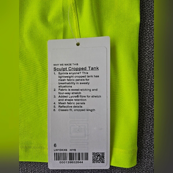 NWT. Lululemon Sculpt Crop Tank, size 6, neon yellow - Picture 4 of 4